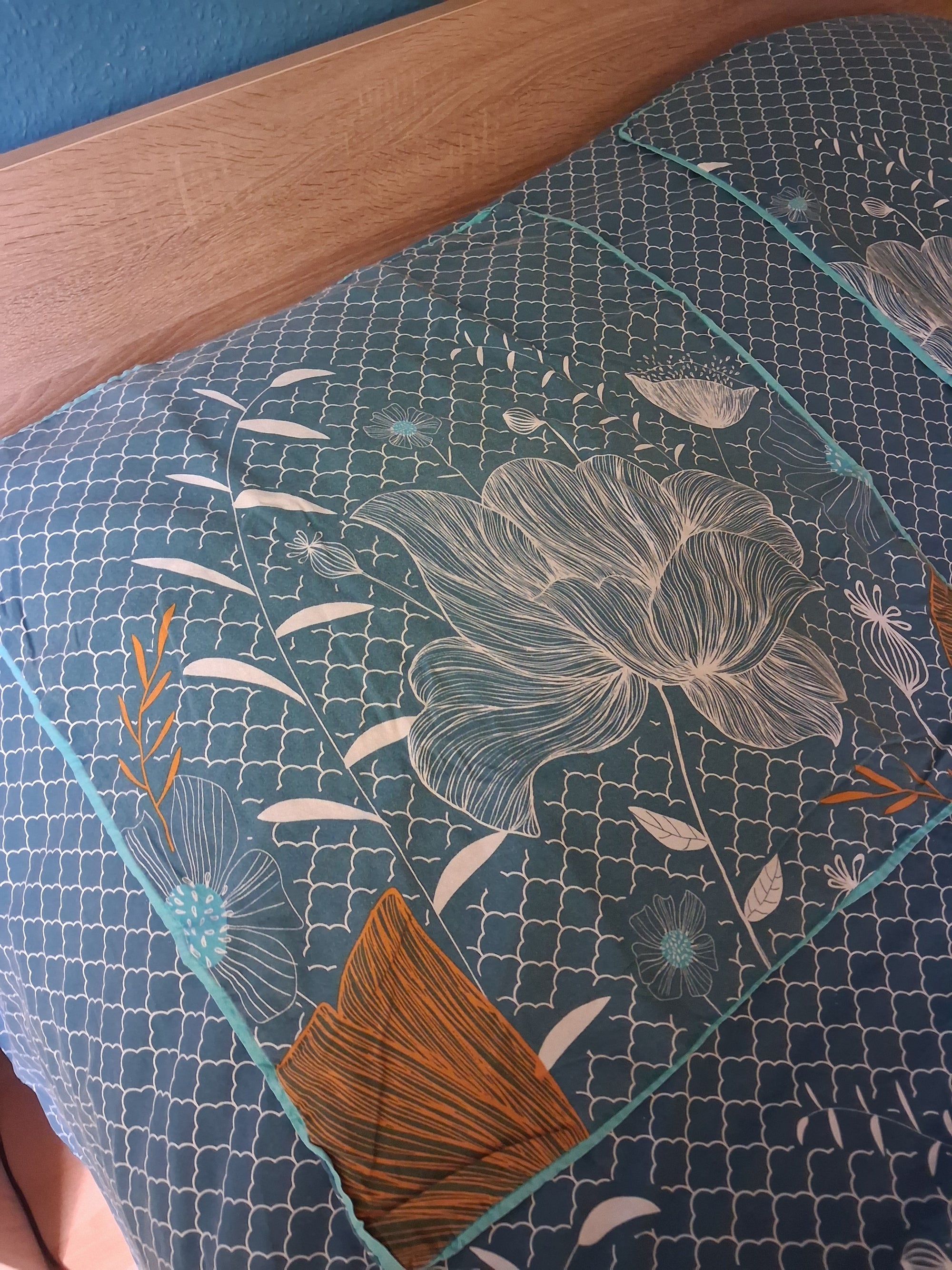 Housse de couette et 2 taies vert motifs doré