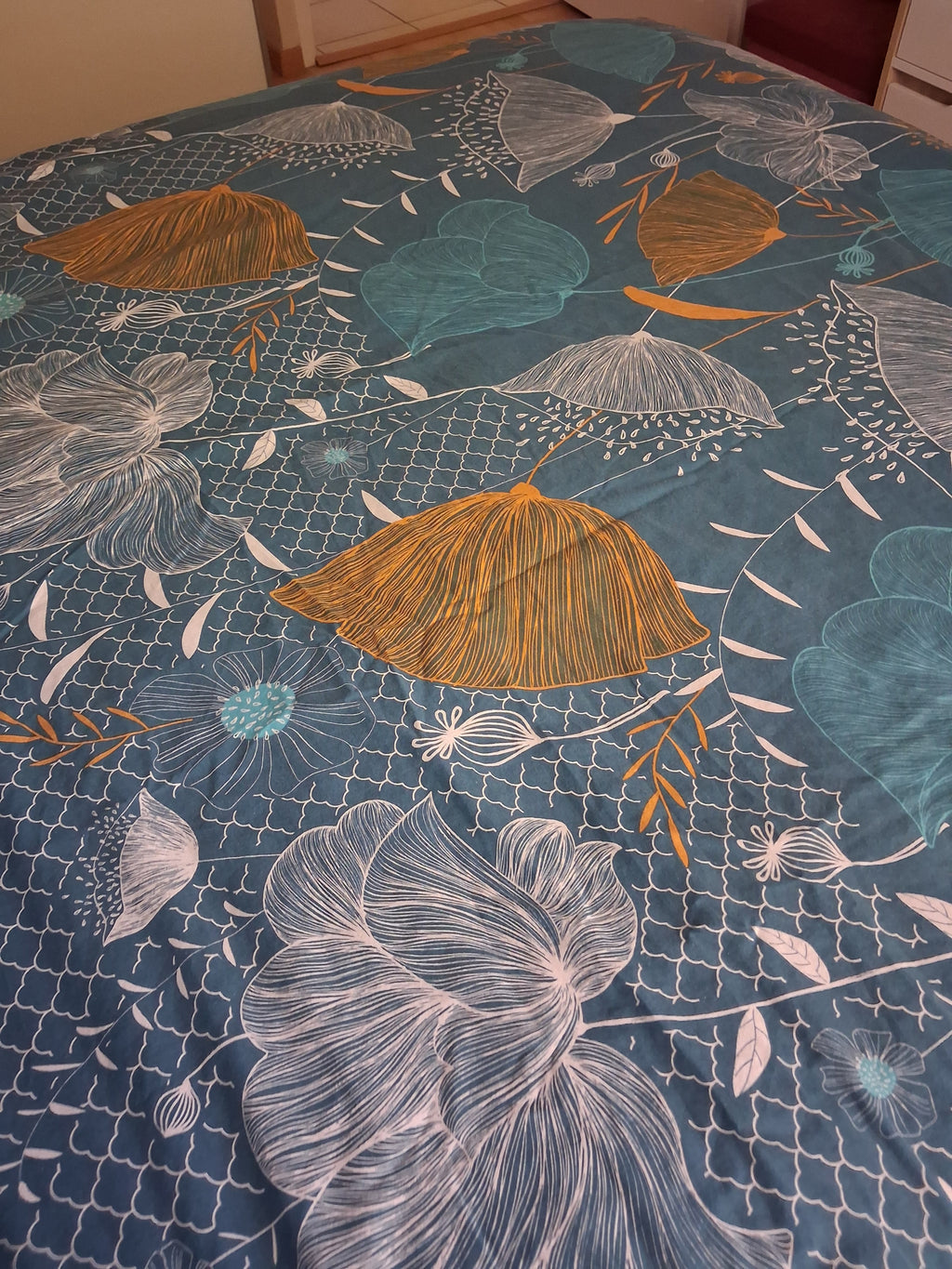 Housse de couette et 2 taies vert motifs doré