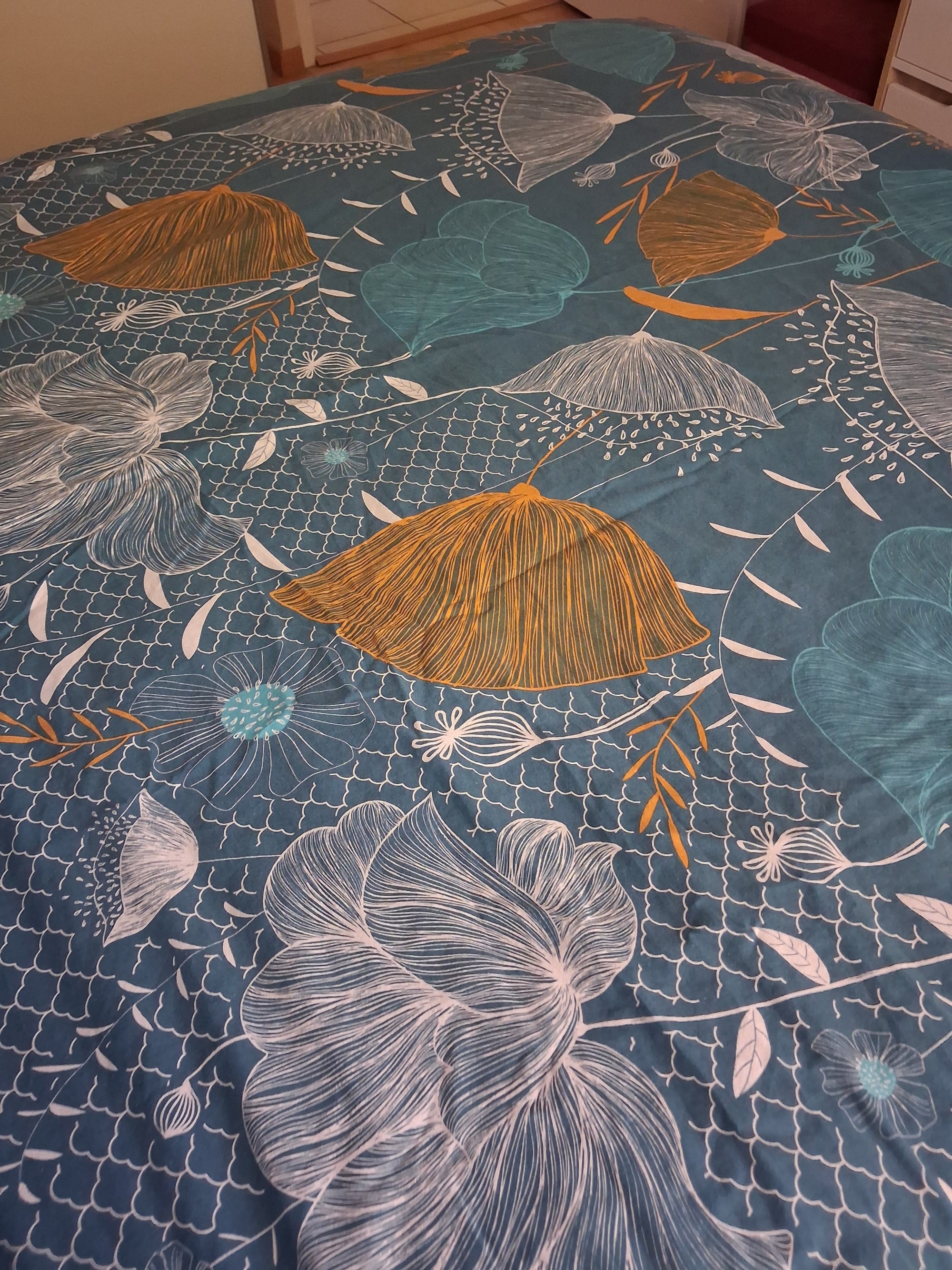 Housse de couette et 2 taies vert motifs doré